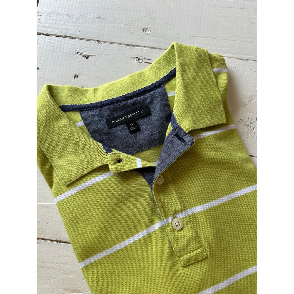 Banana Republic Mens XL Lime Green White Striped Pique Polo Shirt Short Sleeve